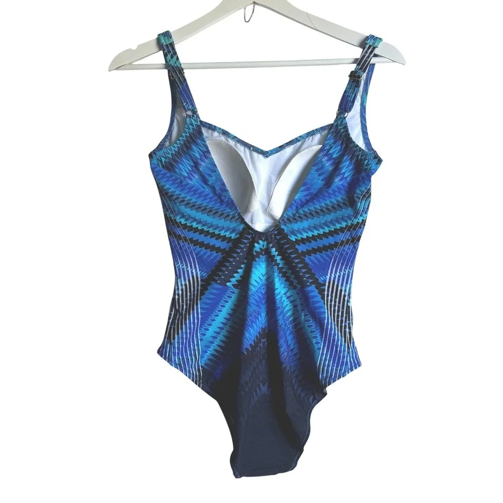 Gottex One Piece Swimsuit 8 Blue Geometric Chevron Sweetheart Padded‎ Designer